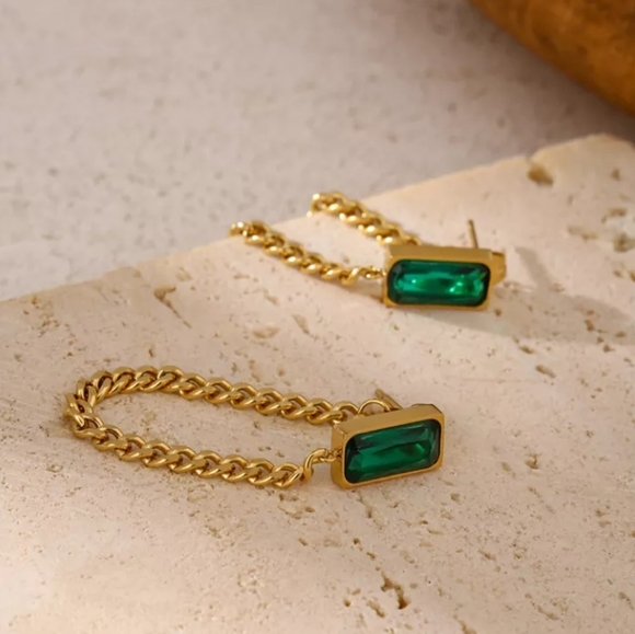 Gorgeous Green Crystal Chain Drop Earrings - Picture 3 of 8